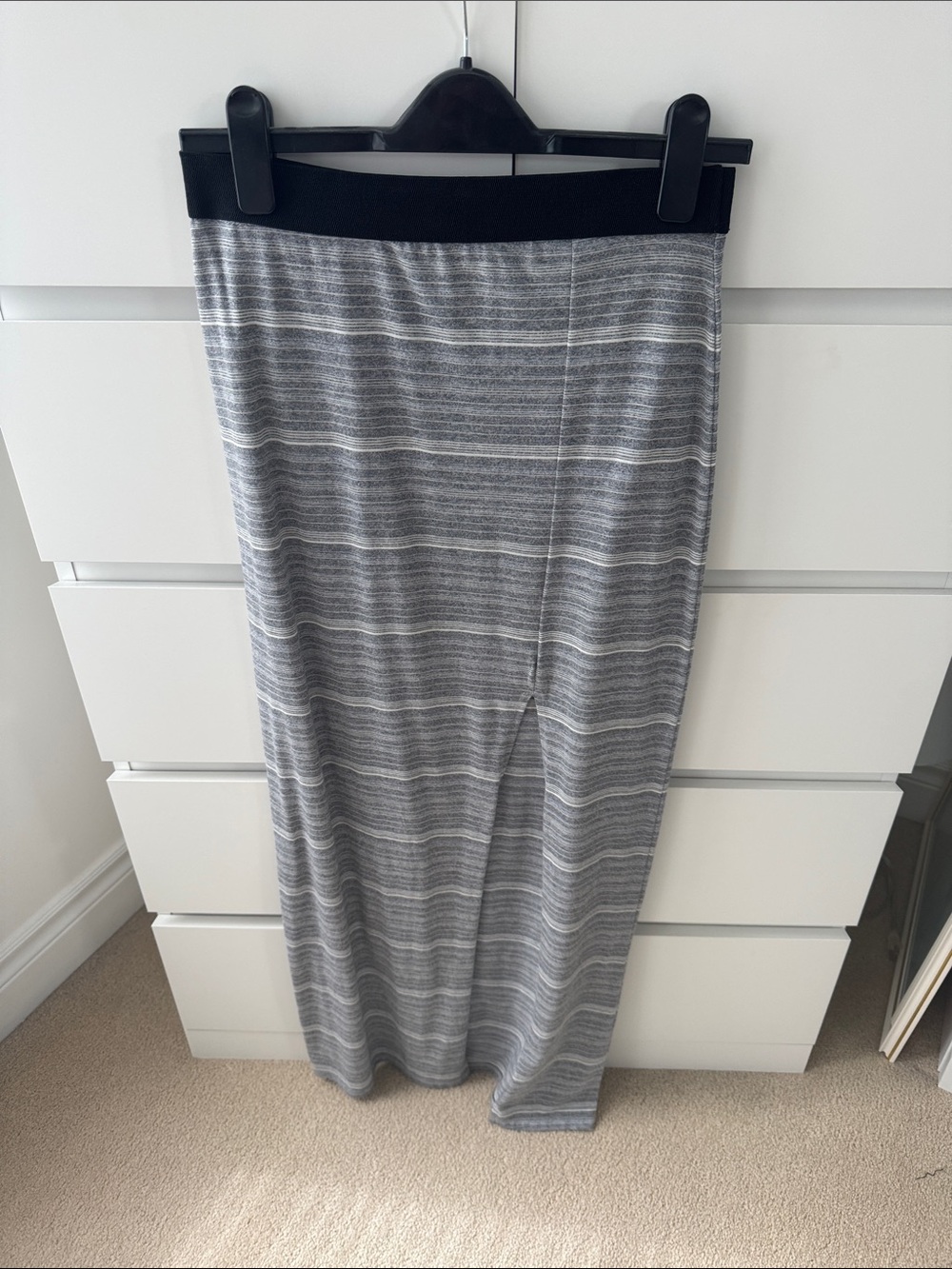 Dynamite Gray Striped Maxi Skirt with Black Waistband